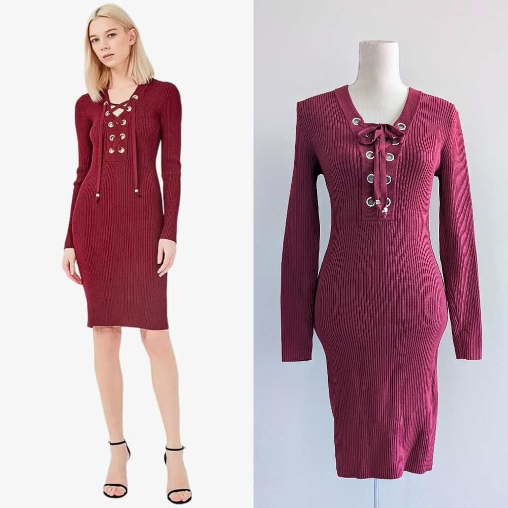 Like New Michael Kors Burgundy Lace-Up Long Sleeve Dress